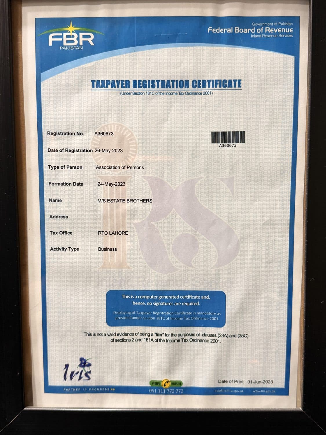 Taxpayer registration record