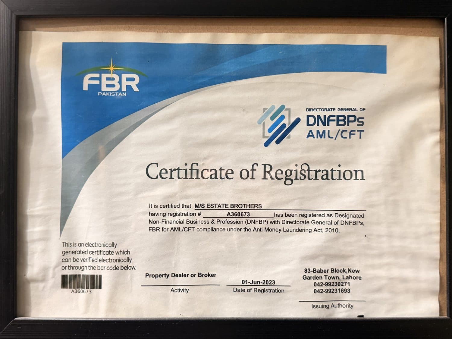 DNFBP registration certificate